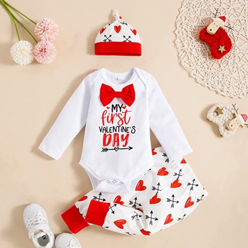 Boutique Baby Boy My 1st Valentine's Day Outfit Heart Pants Hat 3Pcs Set 12-18m